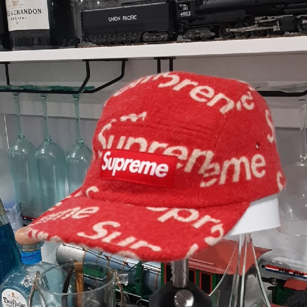 Supreme Red Wool Logo Camp Cap with White All-Over Branding